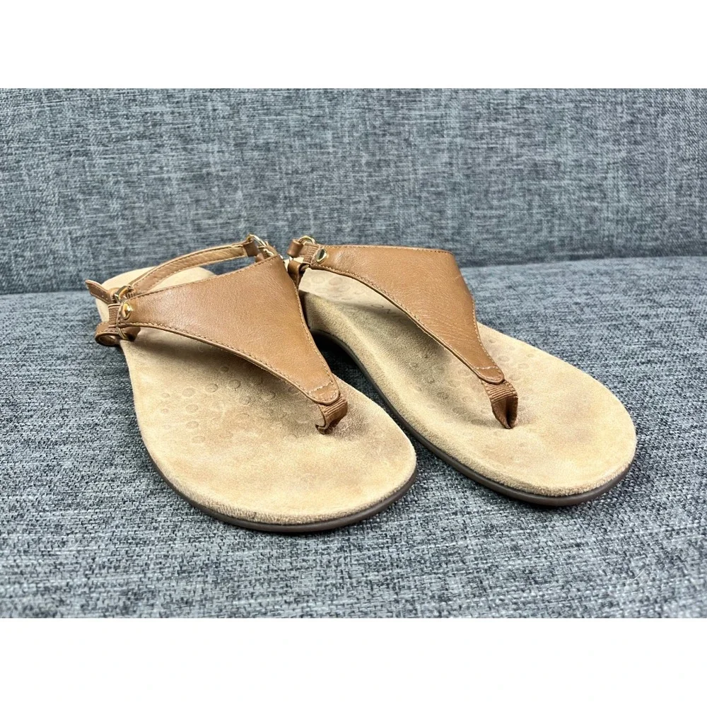 Vionic Kirra Tan Leather Backstrap Thong Sandals Womens 7 Orthotic Support